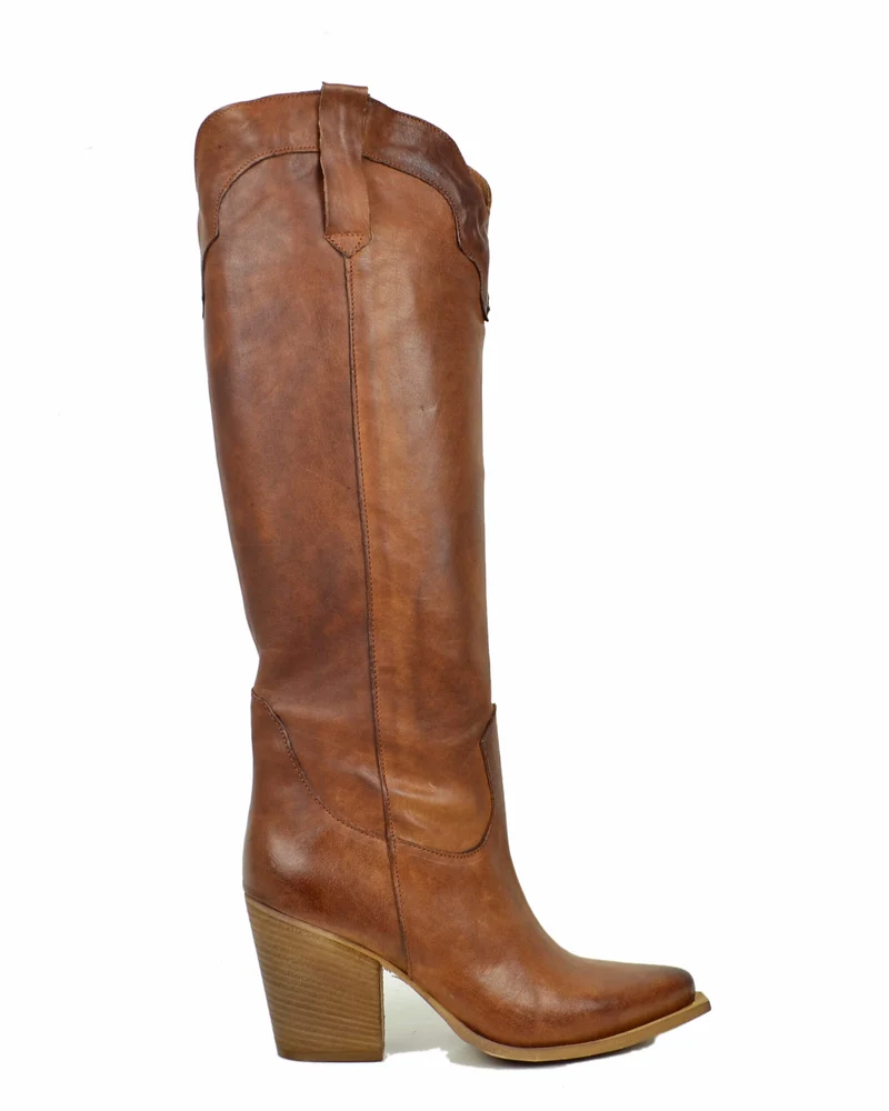 Stivali Alti al Ginocchio Texani Cuoio Vintage con Tacco 9 cm Vera Pelle Cowboy boots