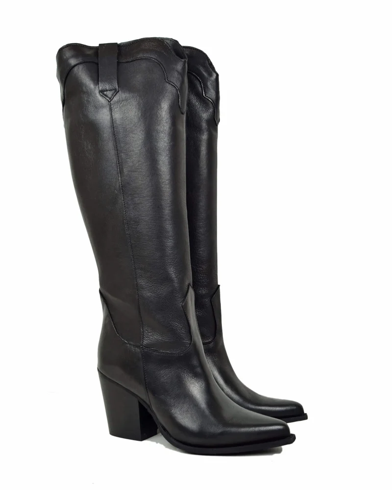Stivali Alti al Ginocchio Texani Neri con Tacco 9 cm Vera Pelle Cowboy boots