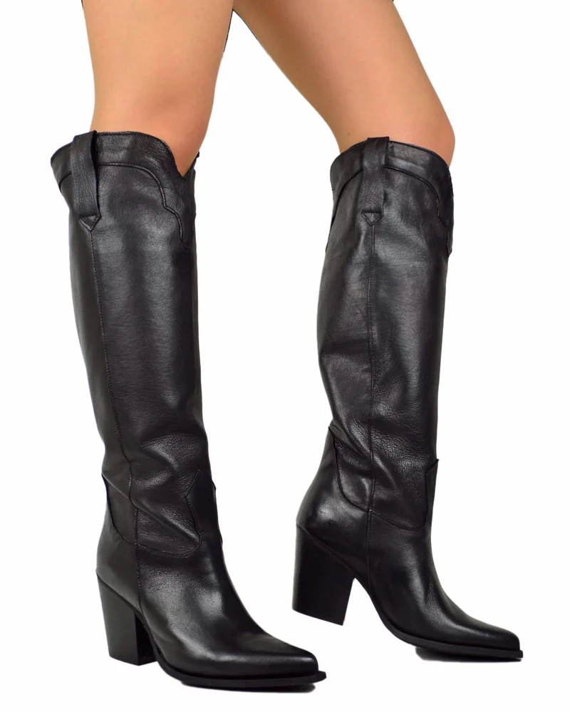 Stivali Alti al Ginocchio Texani Neri con Tacco 9 cm Vera Pelle Cowboy boots