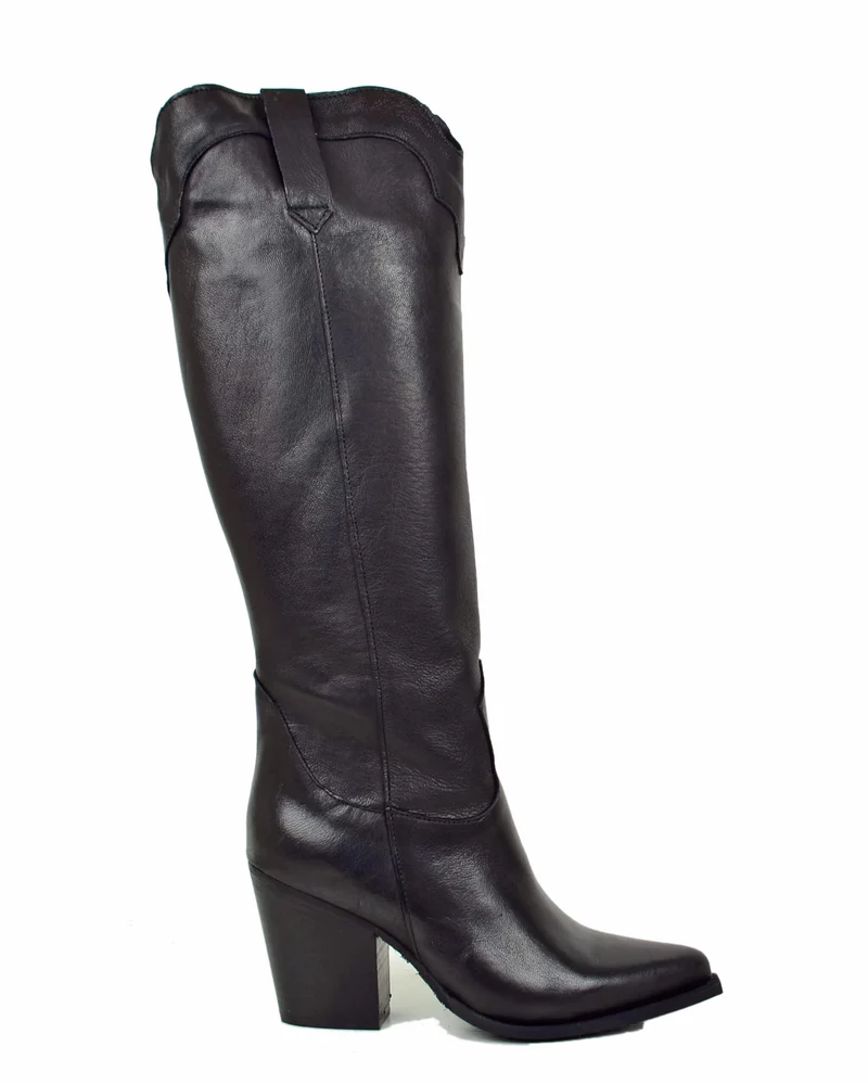 Stivali Alti al Ginocchio Texani Neri con Tacco 9 cm Vera Pelle Cowboy boots