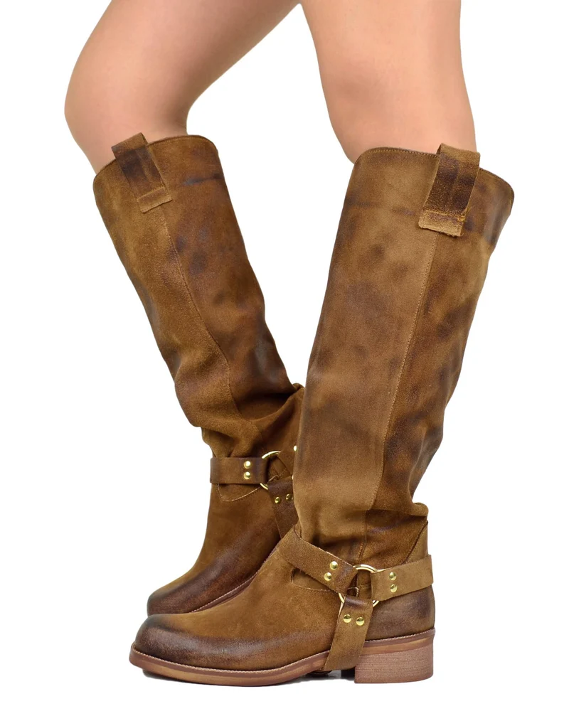 Biker Pelle Scamosciato Vintage Cuoio DIVINE FOLLIE Alti Punta Quadrata