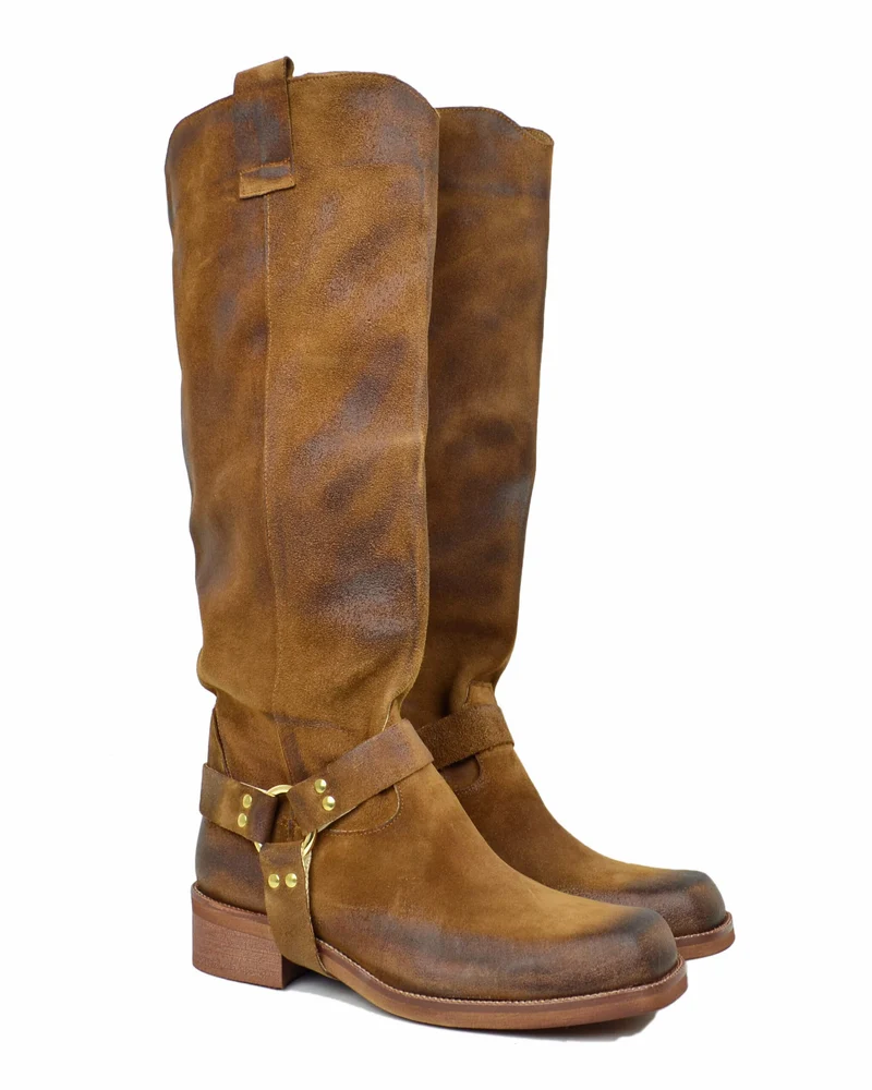 Biker Pelle Scamosciato Vintage Cuoio DIVINE FOLLIE Alti Punta Quadrata