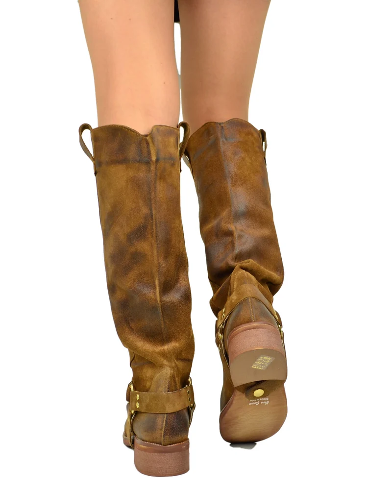 Biker Pelle Scamosciato Vintage Cuoio DIVINE FOLLIE Alti Punta Quadrata