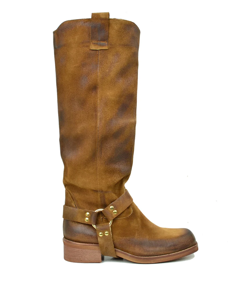 Biker Pelle Scamosciato Vintage Cuoio DIVINE FOLLIE Alti Punta Quadrata