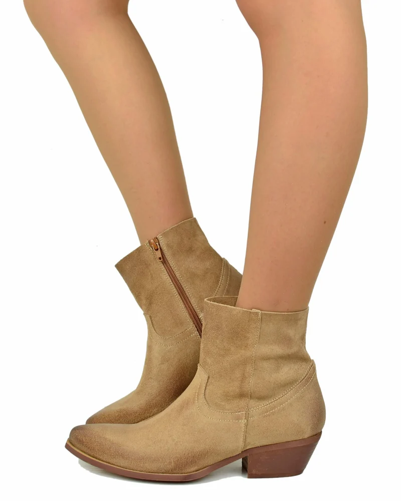 Texanini Beige Taglio Dritto Sfoderati Leggeri Pelle Scamosciata Tacco 4 Cm