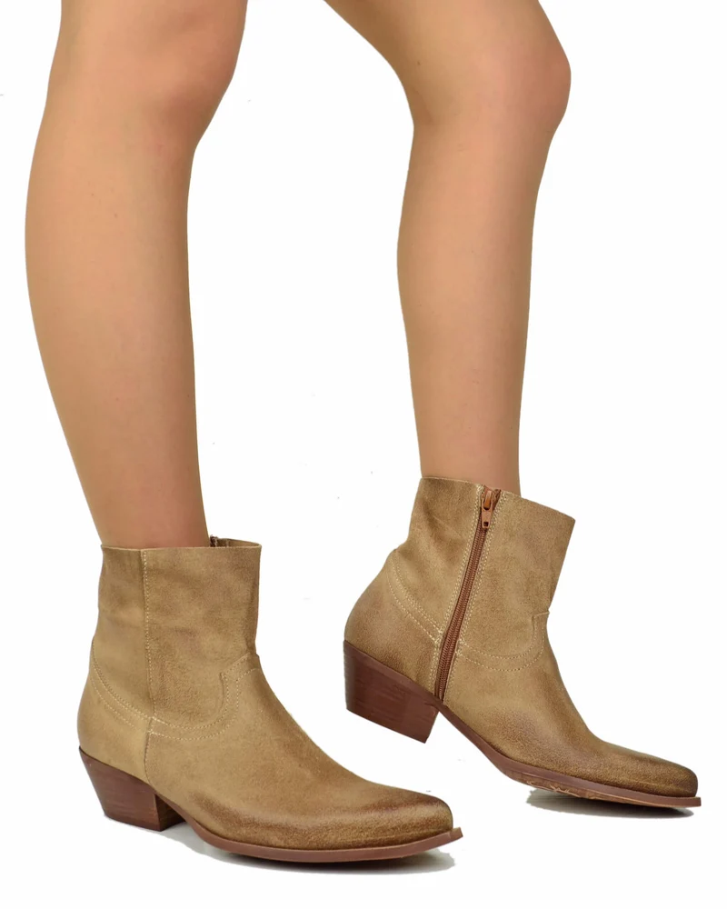 Texanini Beige Taglio Dritto Sfoderati Leggeri Pelle Scamosciata Tacco 4 Cm