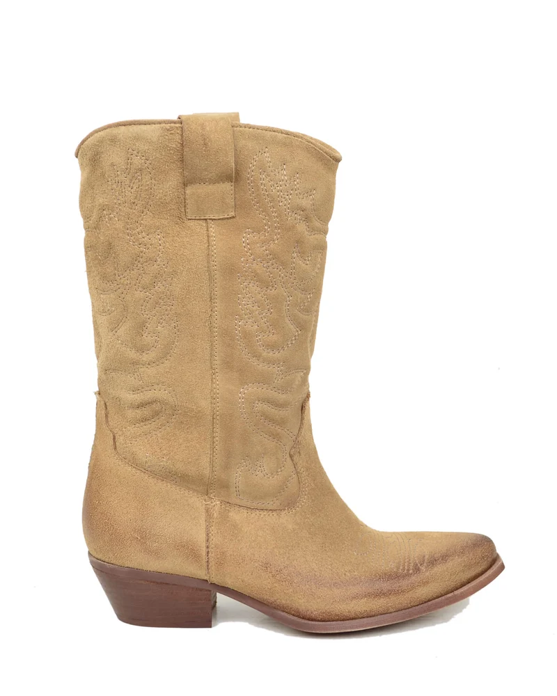 Stivali Cowboy in Pelle Scamosciata Caramello Texani Trapuntati Tacco Gambale Taglio Dritto