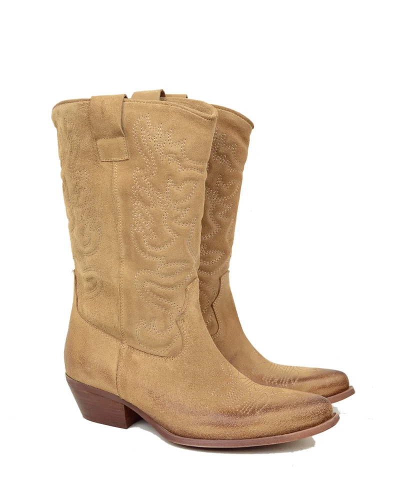 Stivali Cowboy in Pelle Scamosciata Caramello Texani Trapuntati Tacco Gambale Taglio Dritto