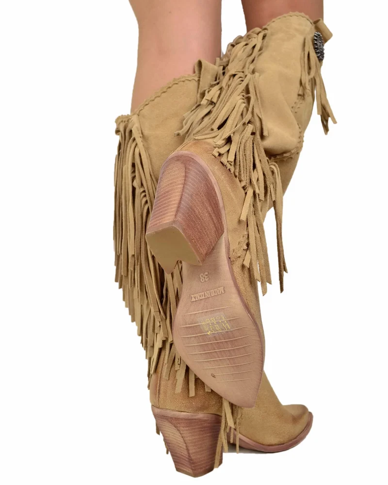 Stivali Texani con Frange e Borchie Vera Pelle Scamosciata Beige Tacco Cuore