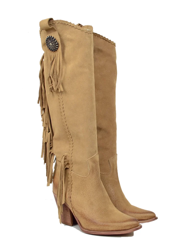 Stivali Texani con Frange e Borchie Vera Pelle Scamosciata Beige Tacco Cuore