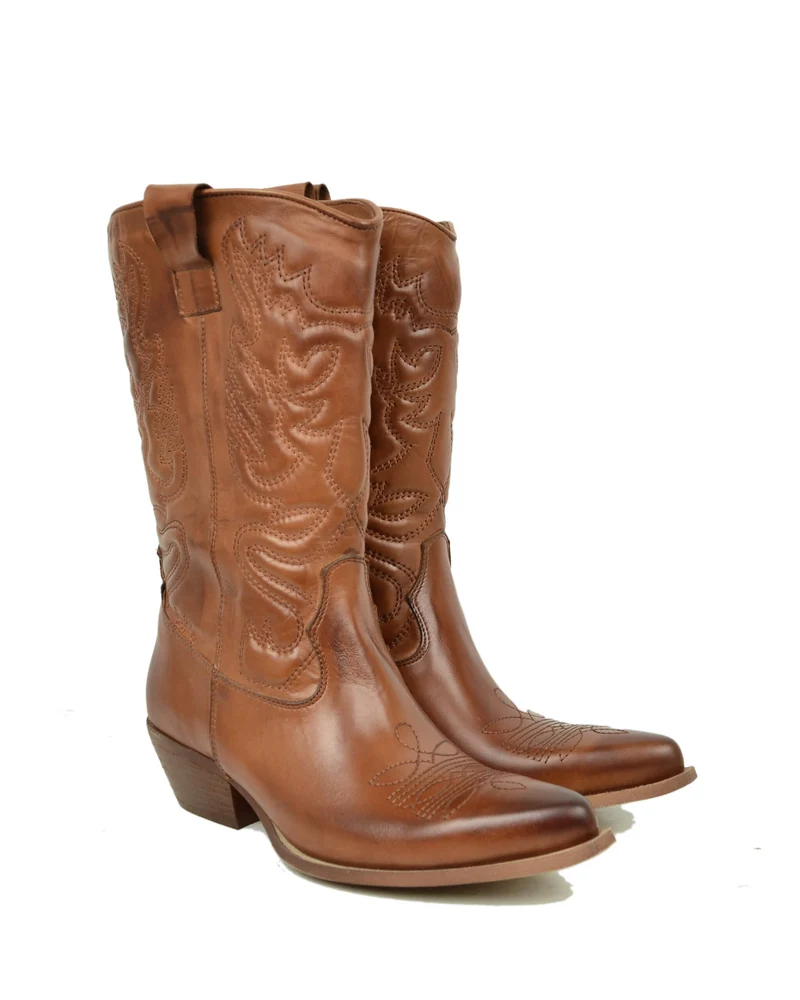Stivali Cowboy in Pelle Cuoio Texani Trapuntati Tacco Gambale Taglio Dritto