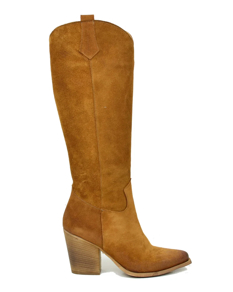 Stivali Texani Alti Eleganti con Zip Gambale Aderente Tacco 8 Cm Camoscio Cuoio