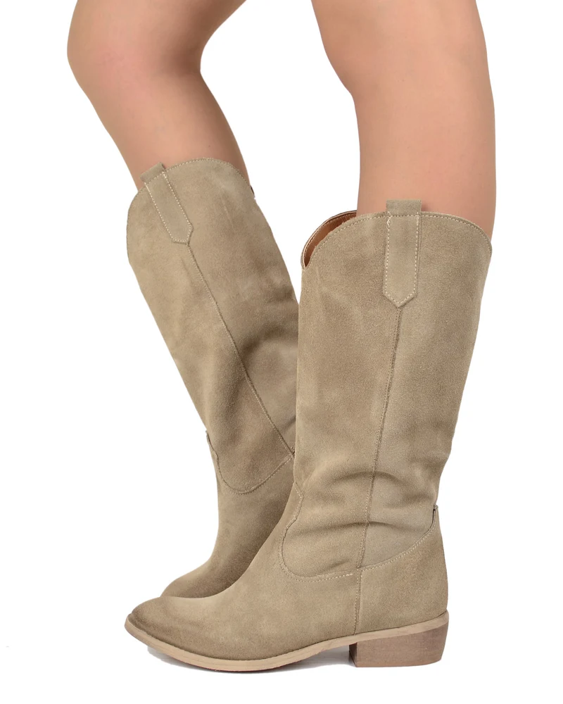 Stivali Texani Donna Scamosciati Beige Mousse con Tacco Basso