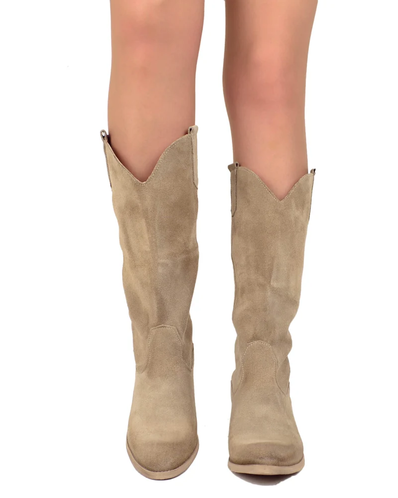 Stivali Texani Donna Scamosciati Beige Mousse con Tacco Basso