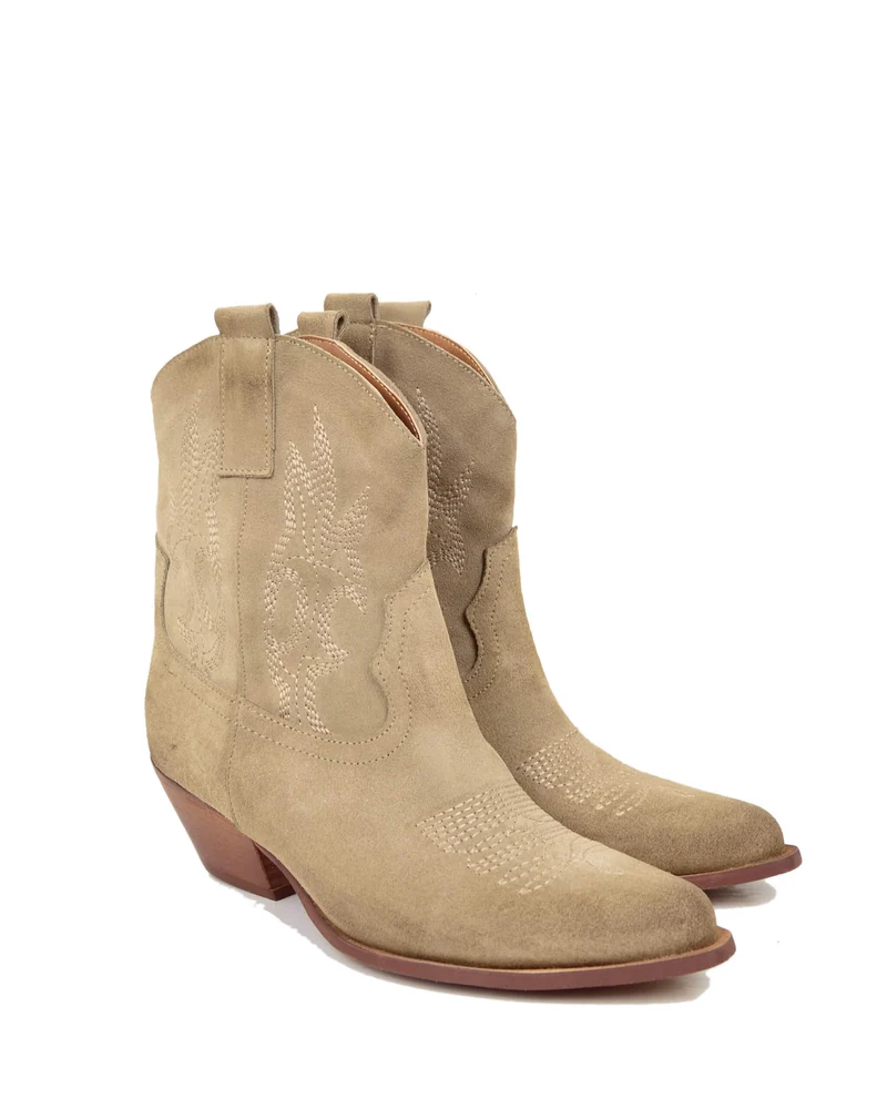 Stivaletti Texani Caviglia Ampia Vera Pelle Scamosciata Ricamo Beige Mousse