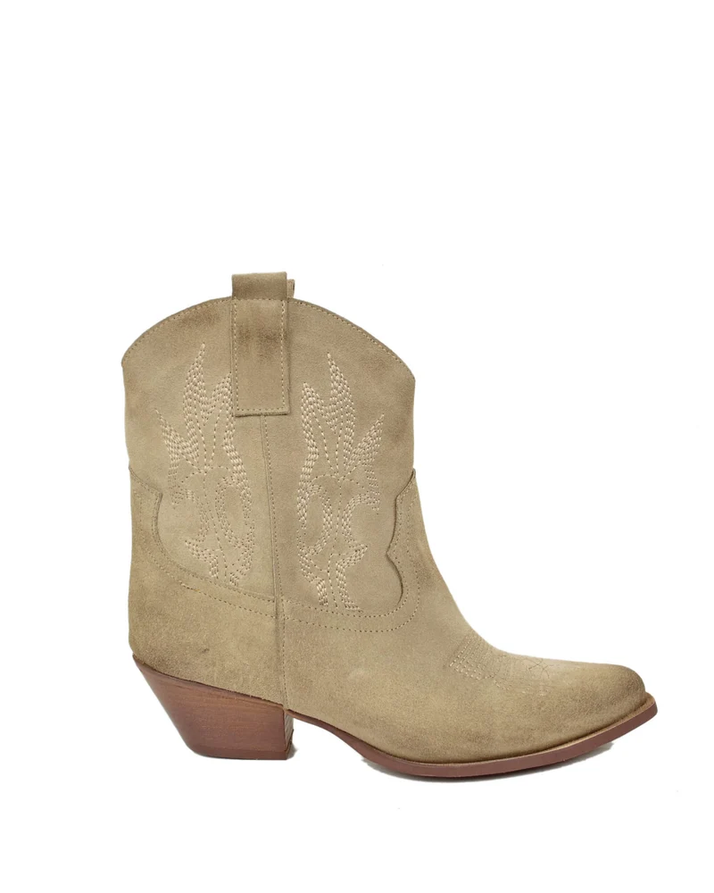 Stivaletti Texani Caviglia Ampia Vera Pelle Scamosciata Ricamo Beige Mousse