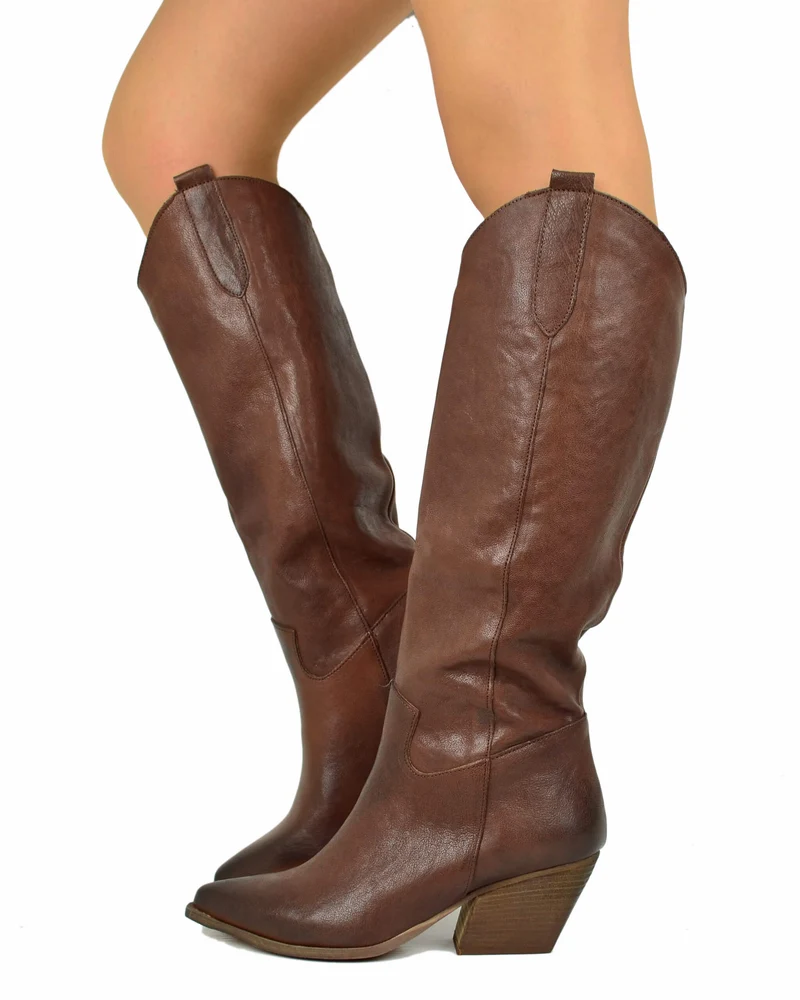 Stivali Texani Alti Tacco 7 cm Pelle Marrone Rag Cioccolato Cowboy boots