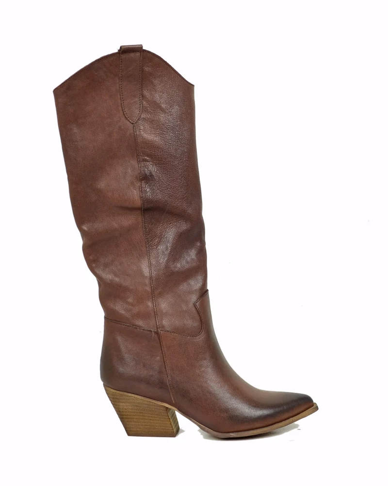 Stivali Texani Alti Tacco 7 cm Pelle Marrone Rag Cioccolato Cowboy boots