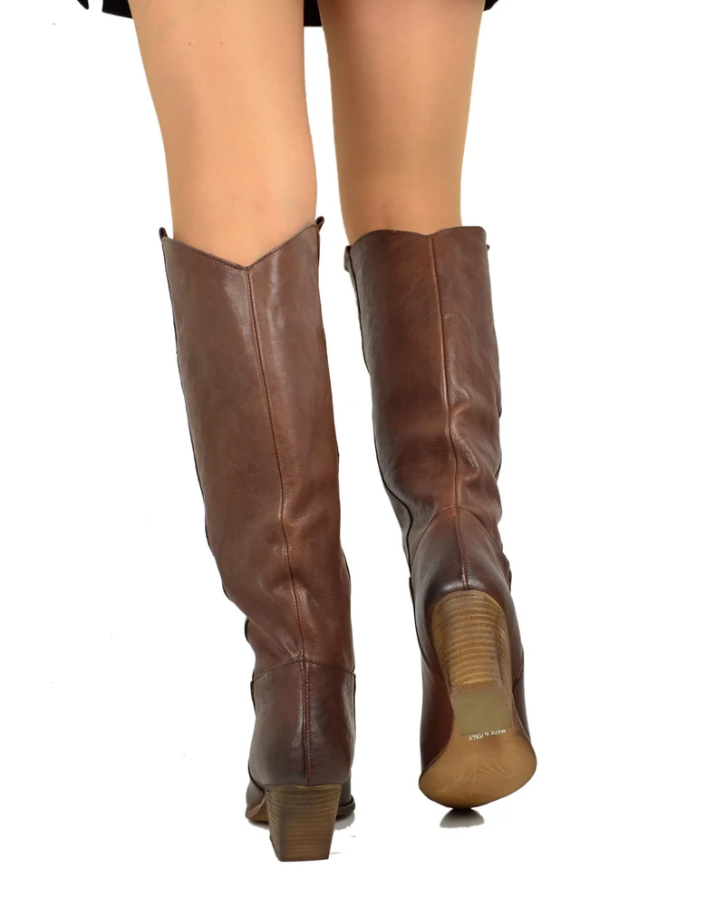 Stivali Texani Alti Tacco 7 cm Pelle Marrone Rag Cioccolato Cowboy boots