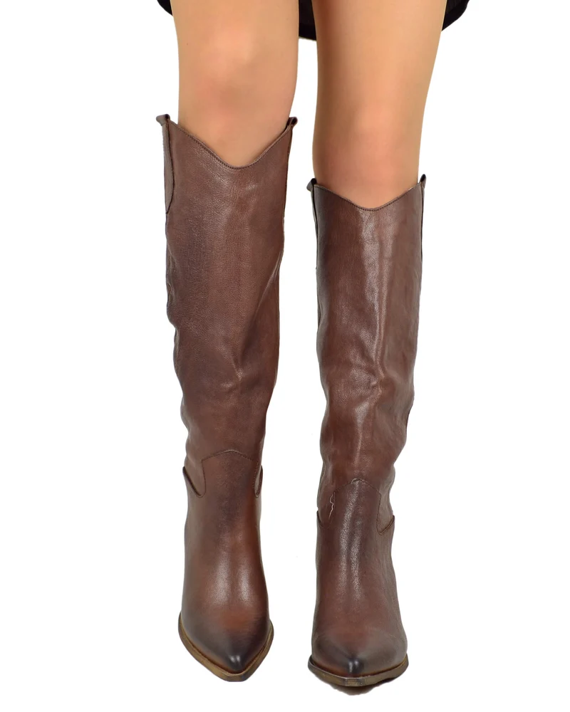 Stivali Texani Alti Tacco 7 cm Pelle Marrone Rag Cioccolato Cowboy boots