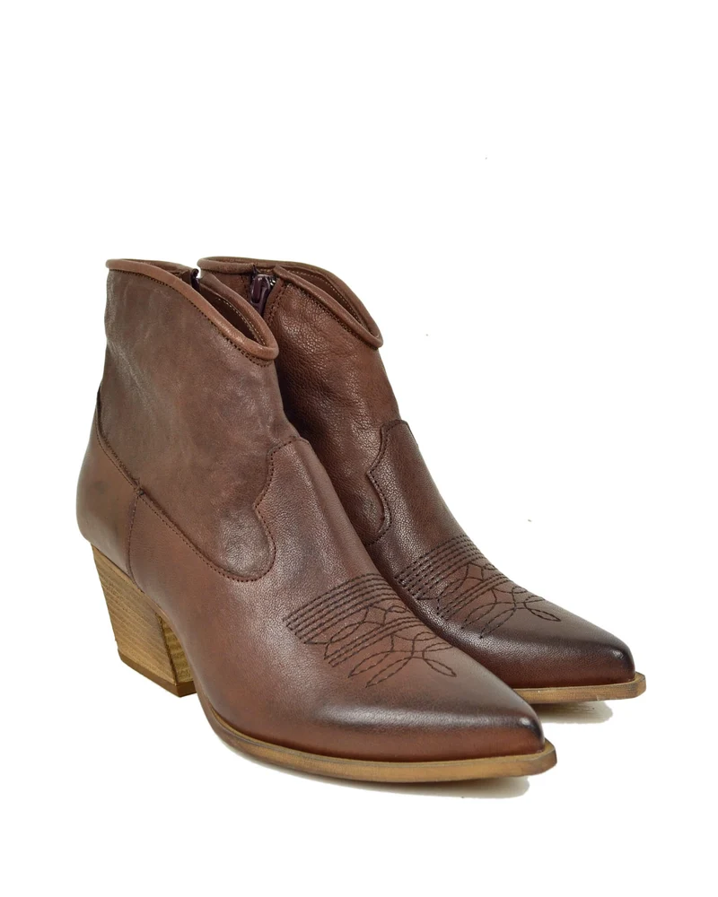 Stivaletti Texani Donna alla Caviglia in Vera Pelle Rag Marrone Made in Italy