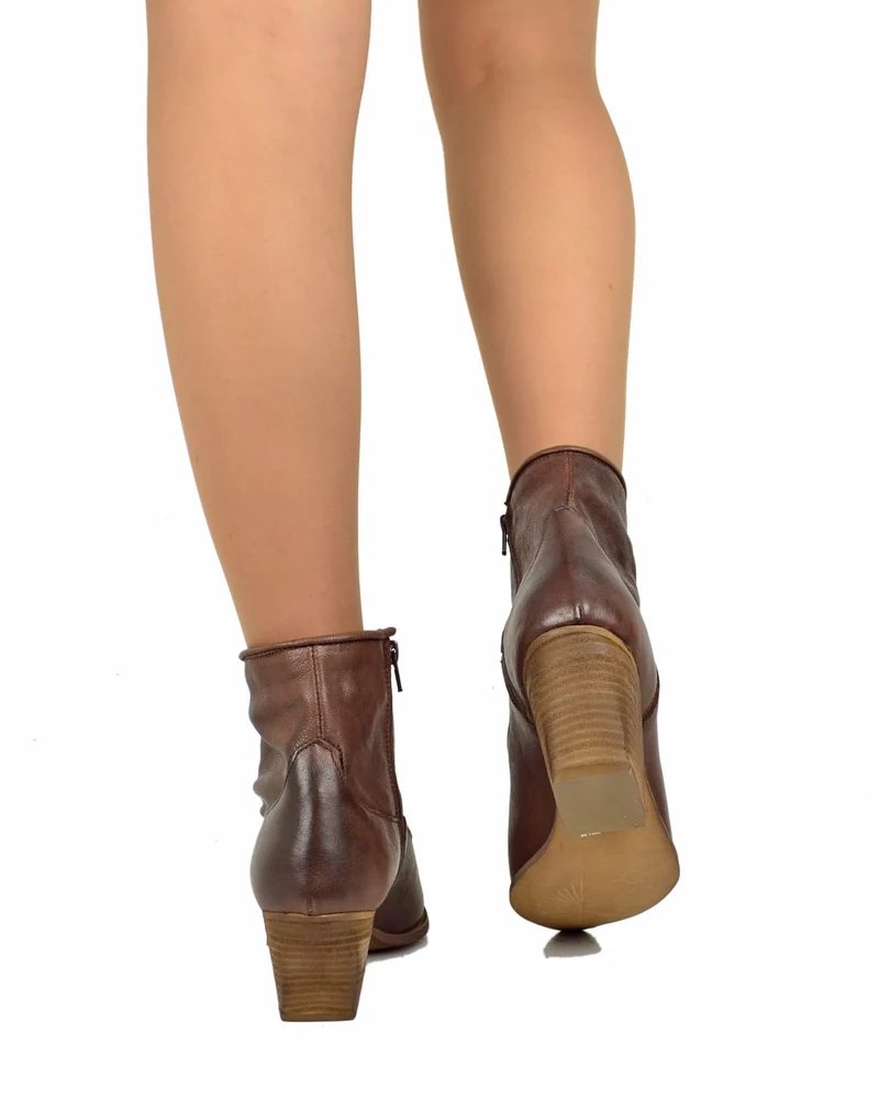 Stivaletti Texani Donna alla Caviglia in Vera Pelle Rag Marrone Made in Italy