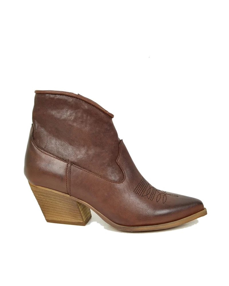 Stivaletti Texani Donna alla Caviglia in Vera Pelle Rag Marrone Made in Italy