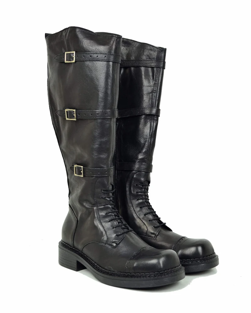 Stivali Biker Alti con Lacci Punta Quadrata Vera Pelle Coda di Rondine