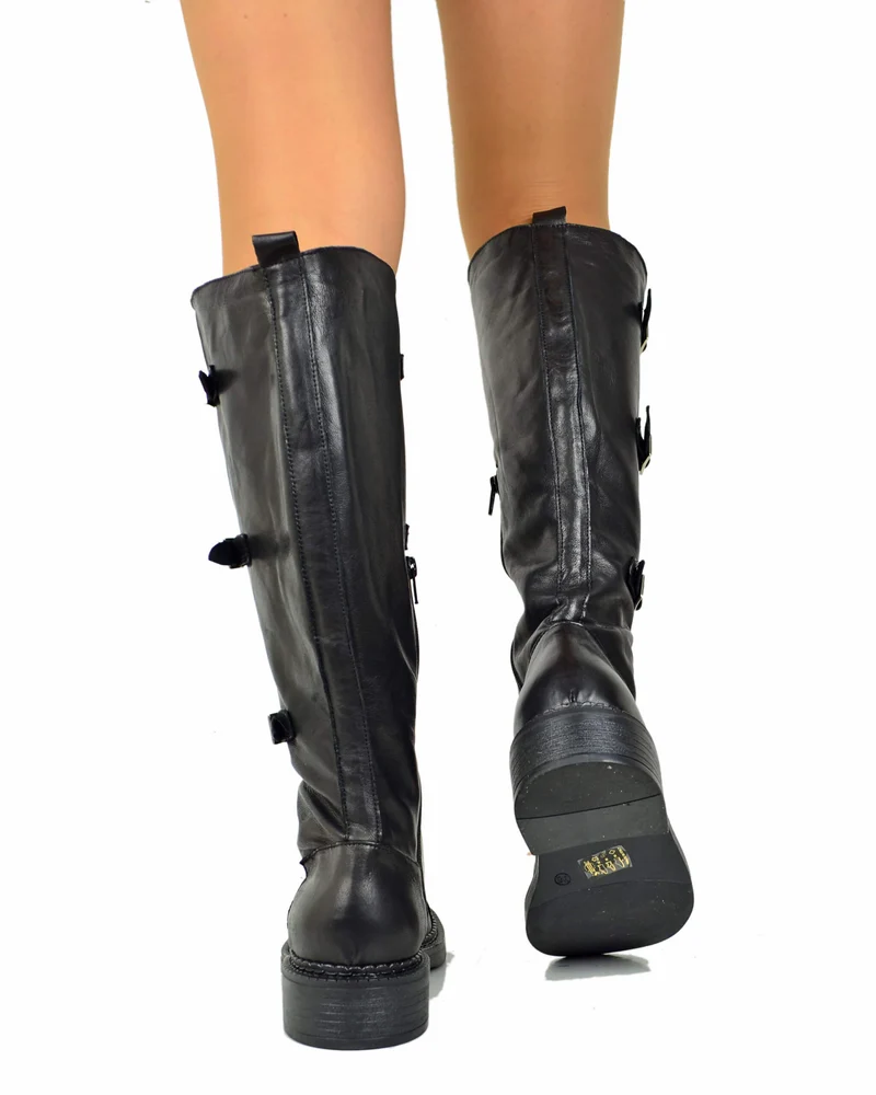 Stivali Biker Alti con Lacci Punta Quadrata Vera Pelle Coda di Rondine