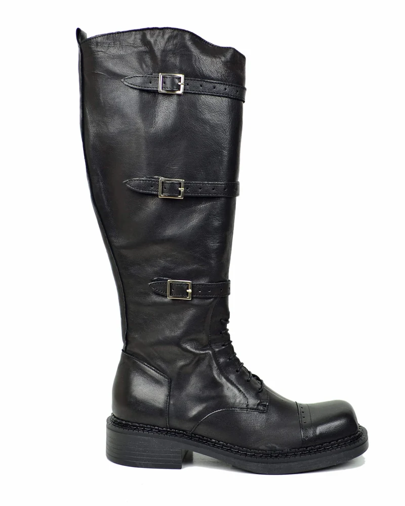 Stivali Biker Alti con Lacci Punta Quadrata Vera Pelle Coda di Rondine