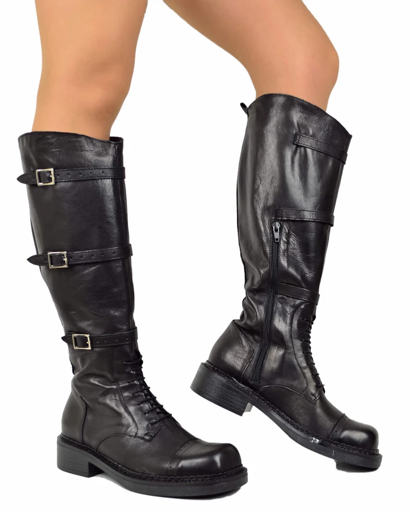 Stivali Biker Alti con Lacci Punta Quadrata Vera Pelle Coda di Rondine