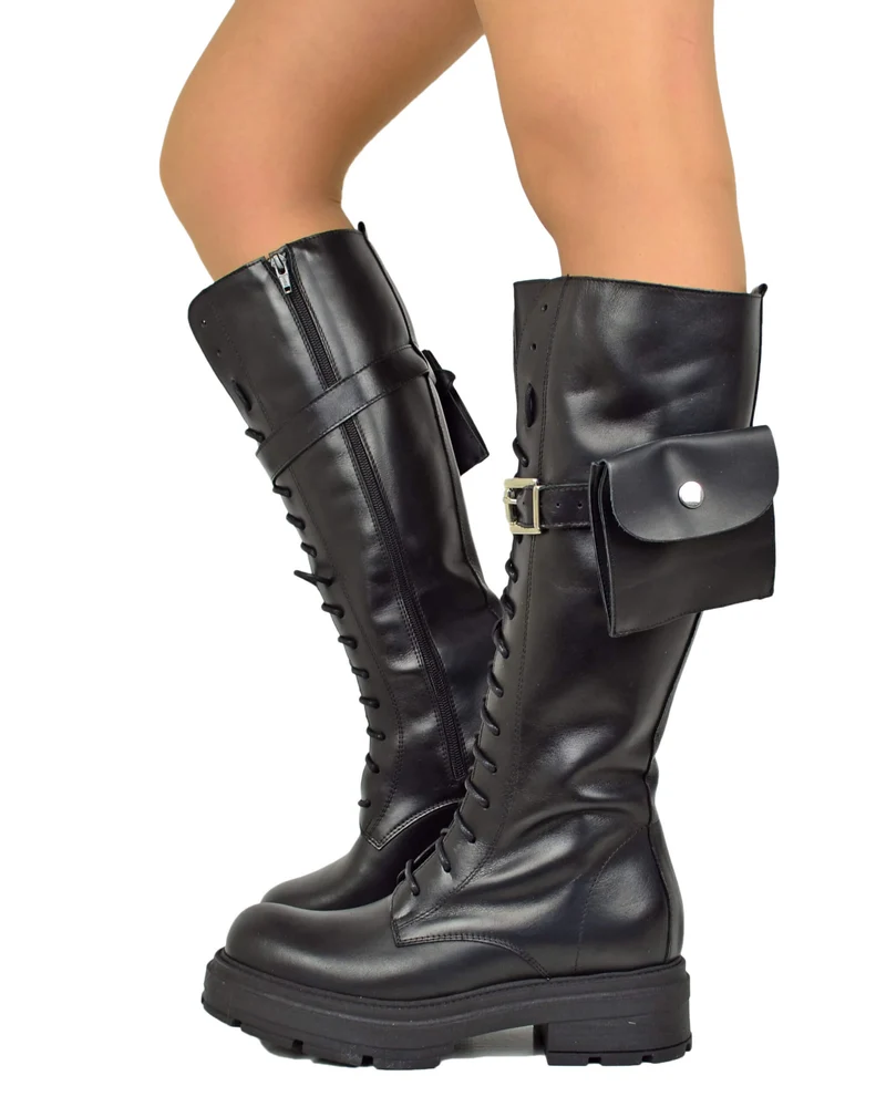 Biker Anfibi Alti Stringati Underground Vera Pelle con Lacci DIVINE FOLLIE con Taschino