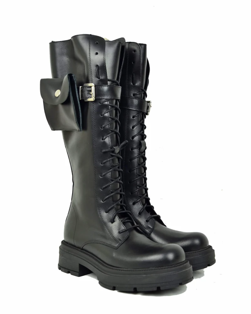 Biker Anfibi Alti Stringati Underground Vera Pelle con Lacci DIVINE FOLLIE con Taschino