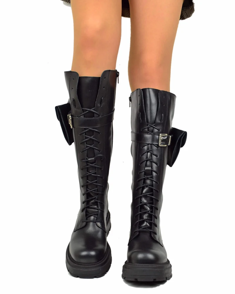 Biker Anfibi Alti Stringati Underground Vera Pelle con Lacci DIVINE FOLLIE con Taschino