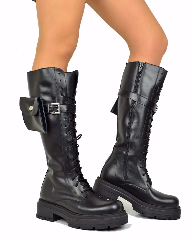 Biker Anfibi Alti Stringati Underground Vera Pelle con Lacci DIVINE FOLLIE con Taschino