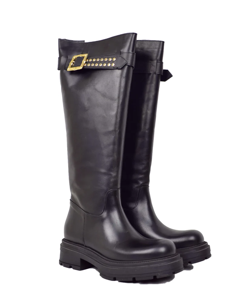 Stivali Gambale L Vera Pelle con Fibbia Dorata e Borchiette platform Punta Quadrata