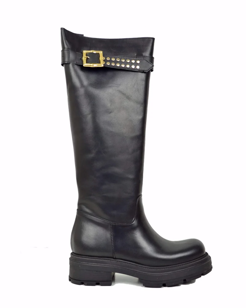 Stivali Gambale L Vera Pelle con Fibbia Dorata e Borchiette platform Punta Quadrata