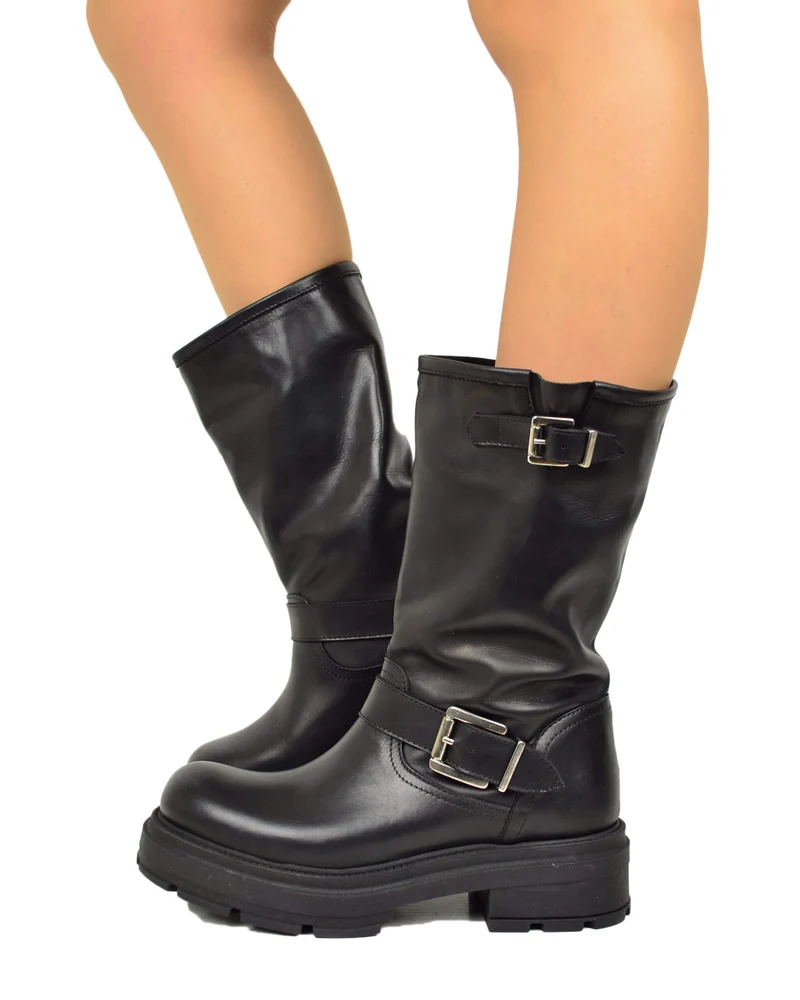 Biker Boots Platform in Pelle Neri con Fibbie Made in Italy