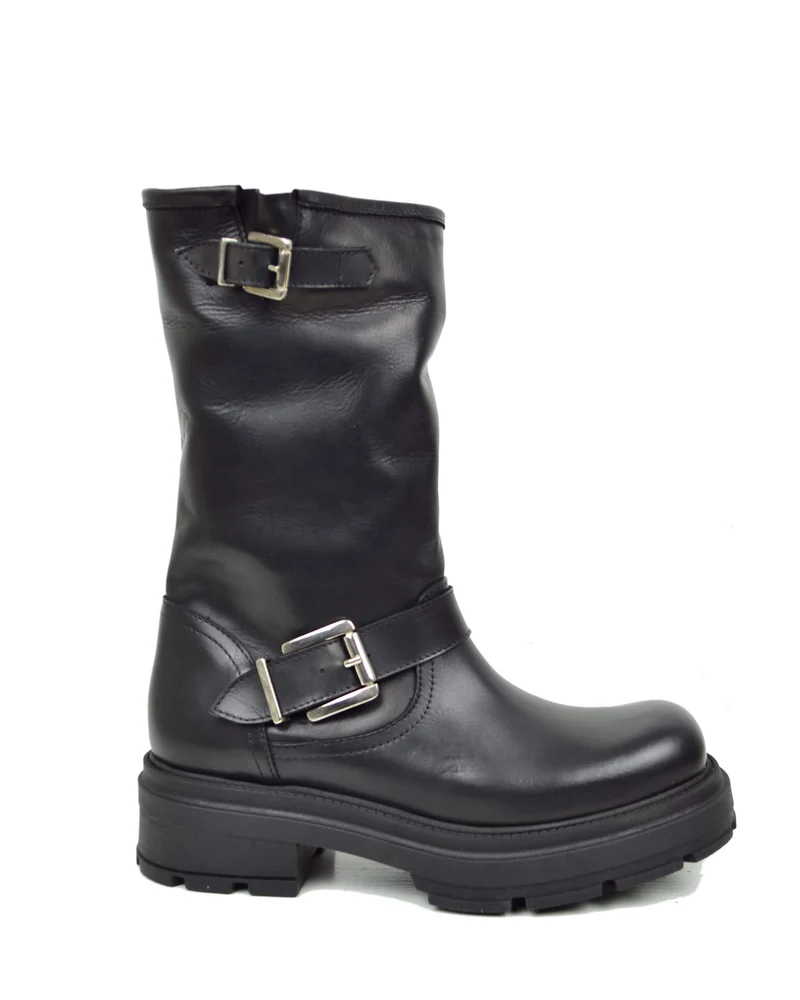Biker Boots Platform in Pelle Neri con Fibbie Made in Italy