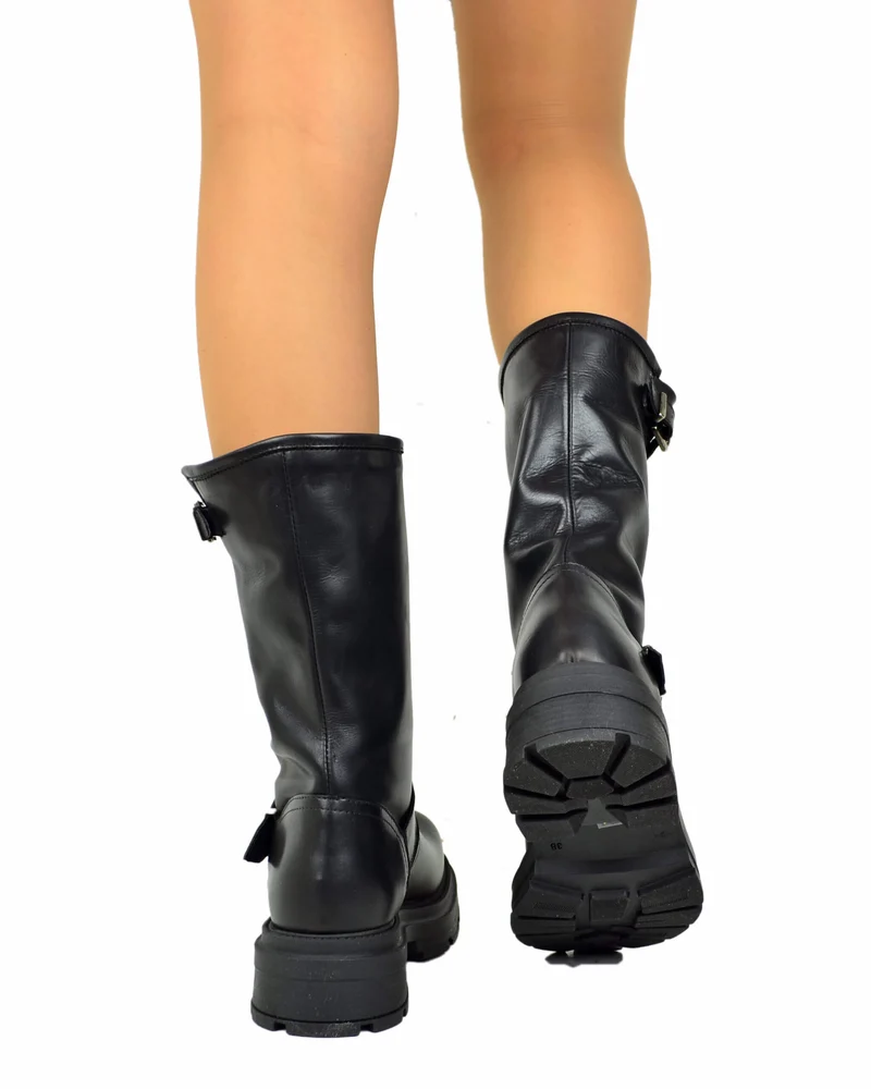 Biker Boots Platform in Pelle Neri con Fibbie Made in Italy