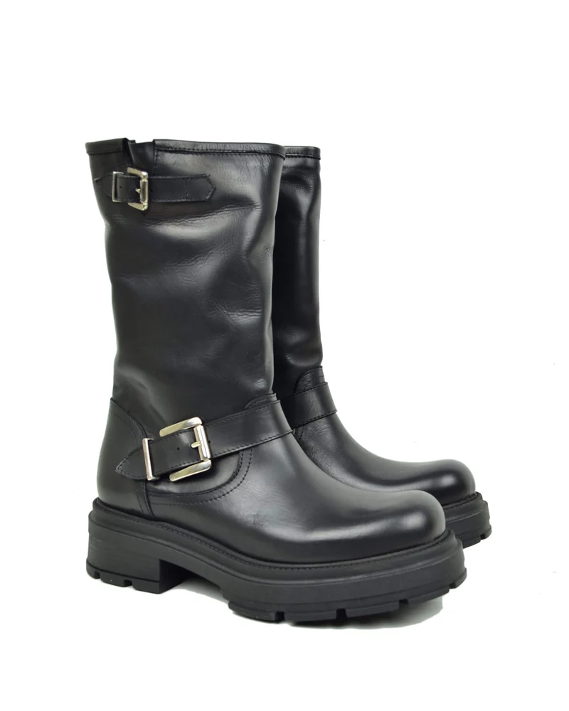 Biker Boots Platform in Pelle Neri con Fibbie Made in Italy