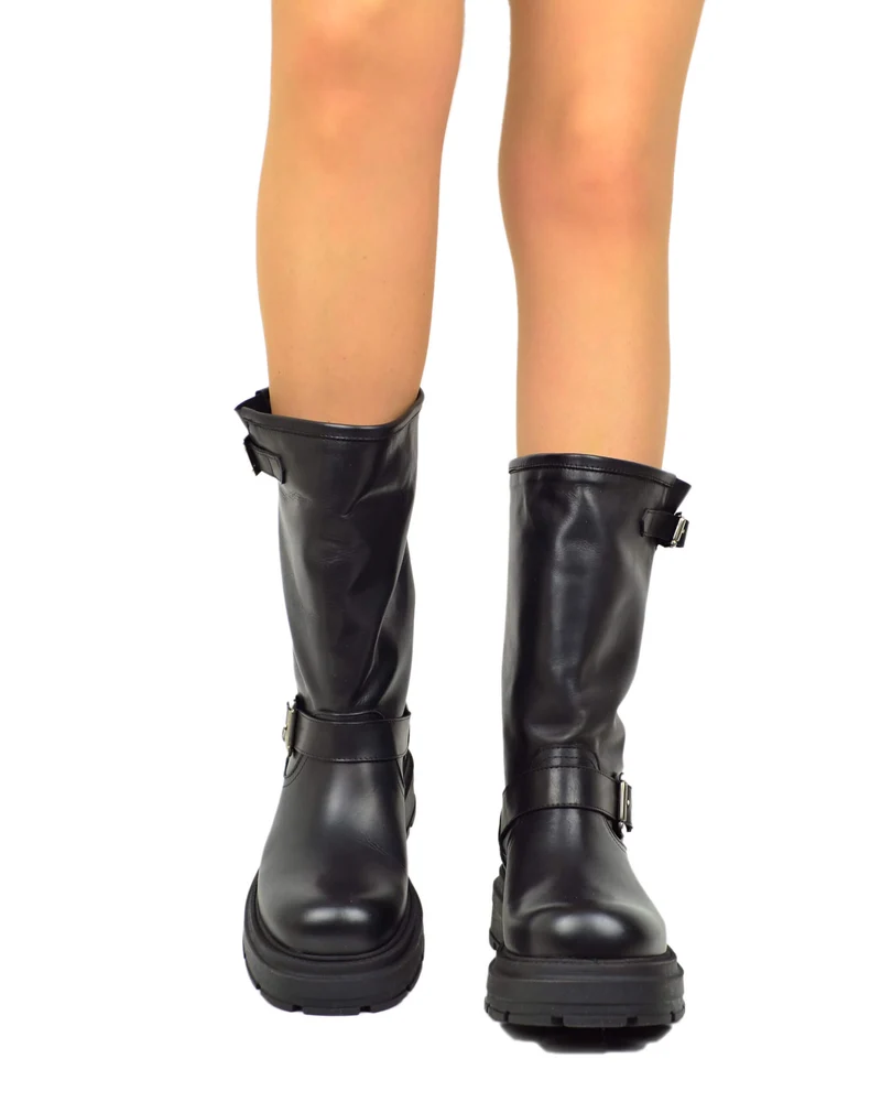 Biker Boots Platform in Pelle Neri con Fibbie Made in Italy