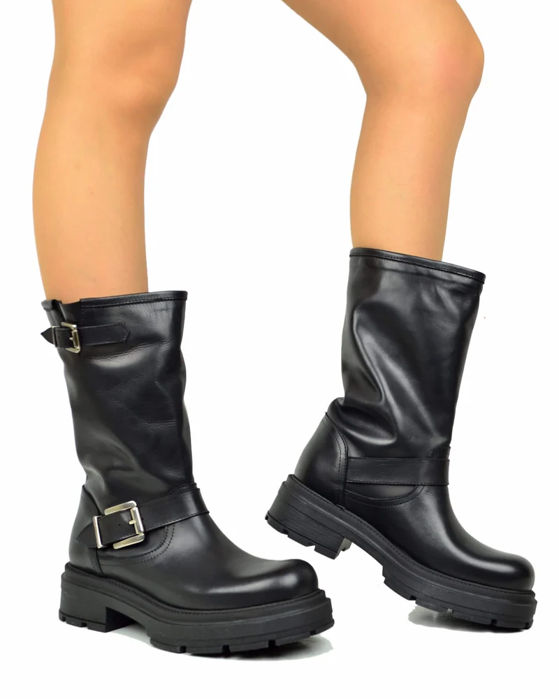 Biker Boots Platform in Pelle Neri con Fibbie Made in Italy