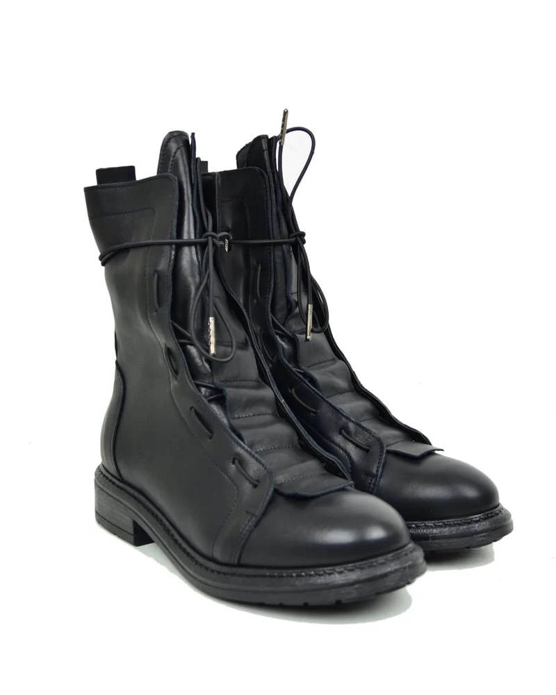 Anfibi Stringati con Laccio Elasticizzato Fondo Gomma Vera Pelle