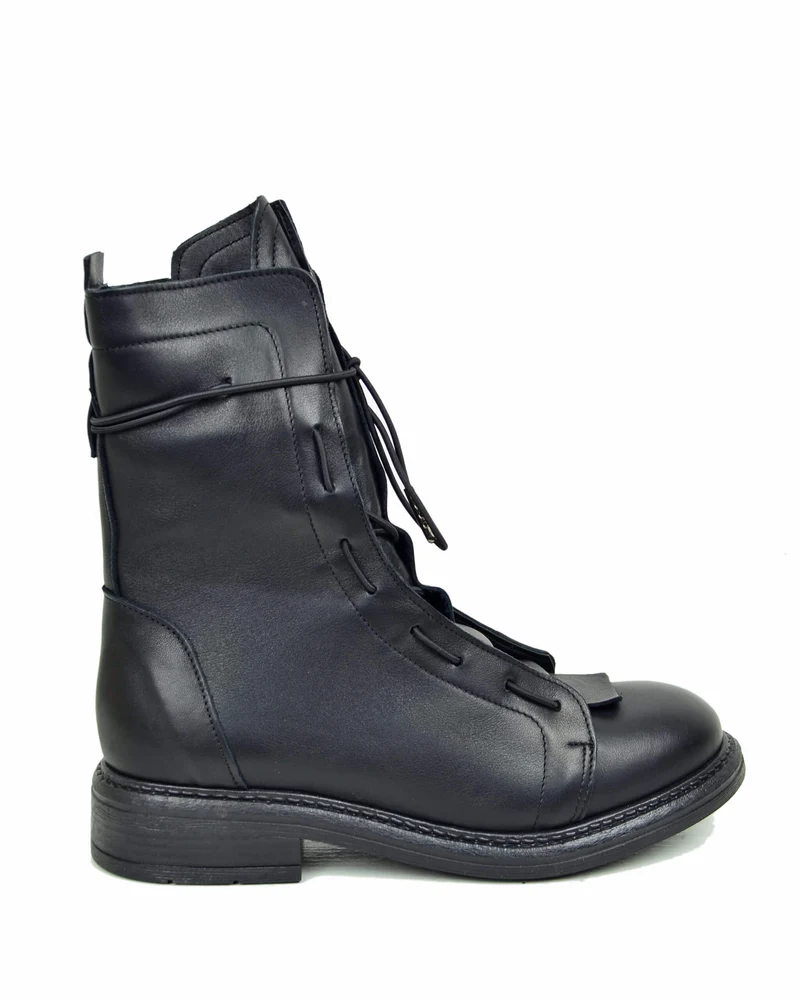 Anfibi Stringati con Laccio Elasticizzato Fondo Gomma Vera Pelle