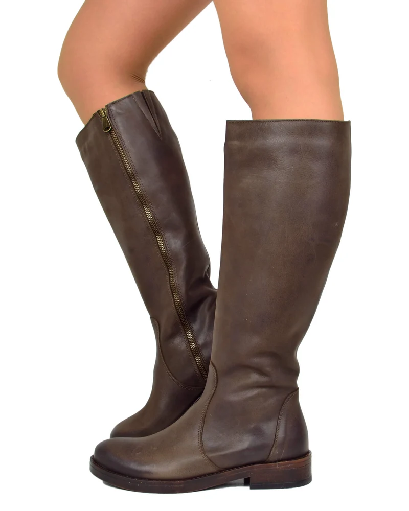 Camperos Cavallerizza Alti Gambale Classico con Zip Pelle Nabuk Marroni