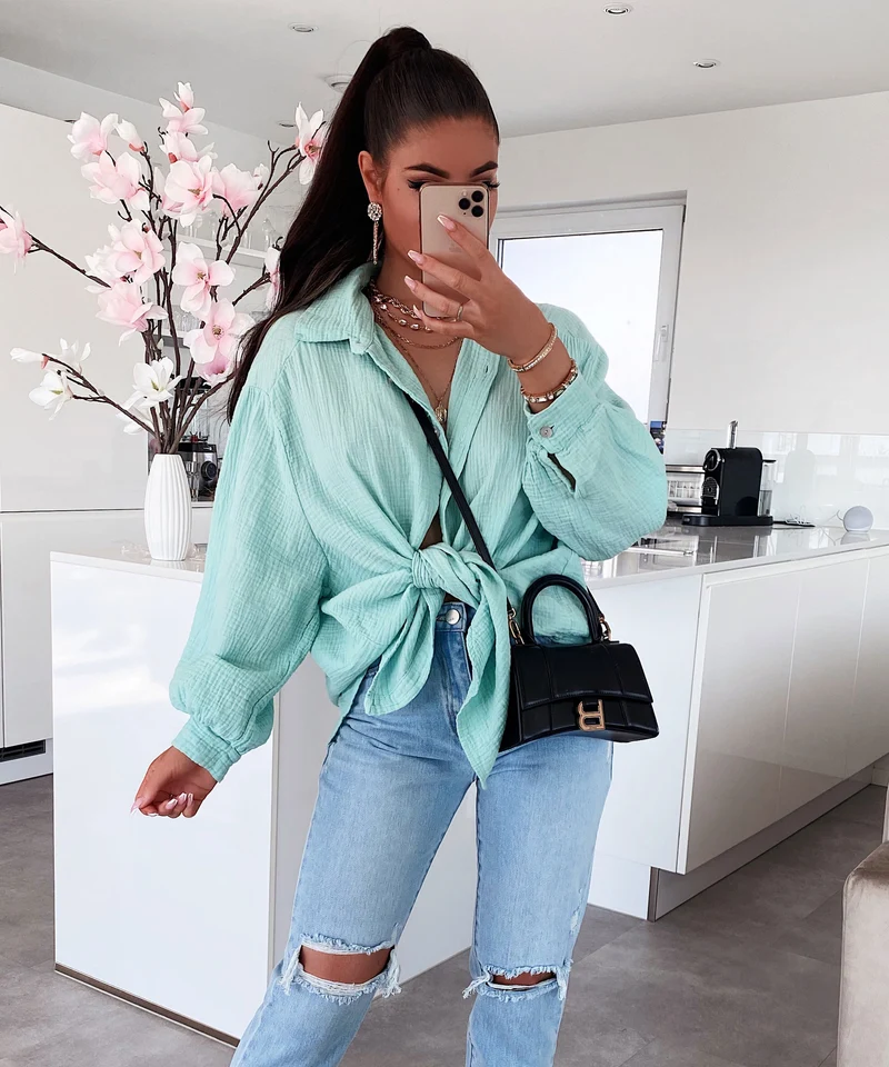 Oversize Musselin Bluse Freya Türkis Kurz