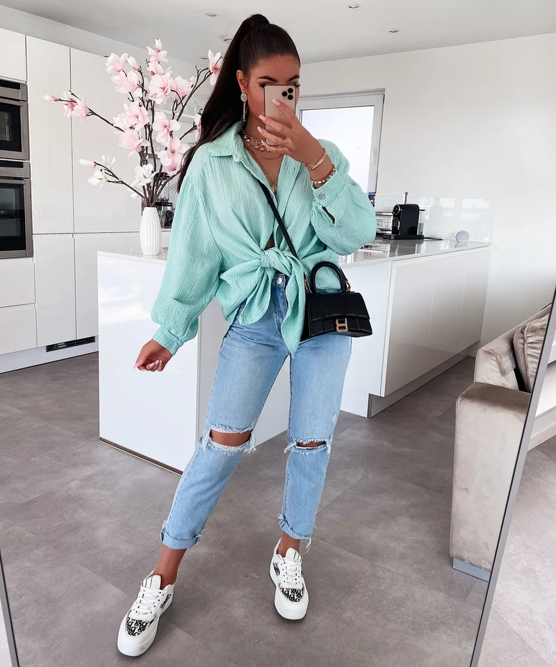 Oversize Musselin Bluse Freya Türkis Kurz