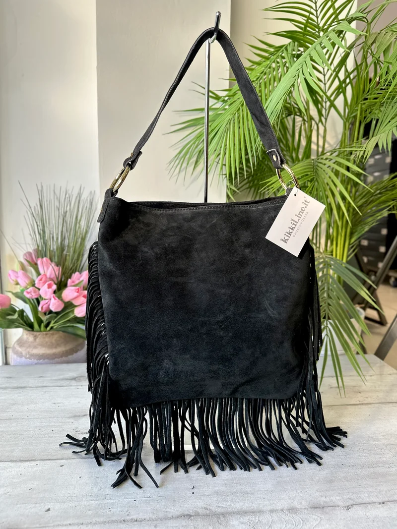 Borsa Grande Frange Pelle Scamosciata Rettangolare con Anelli e Tracolla