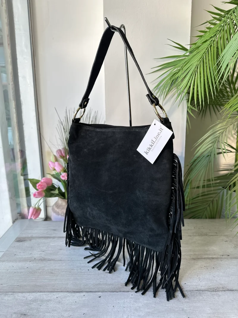Borsa Grande Frange Pelle Scamosciata Rettangolare con Anelli e Tracolla